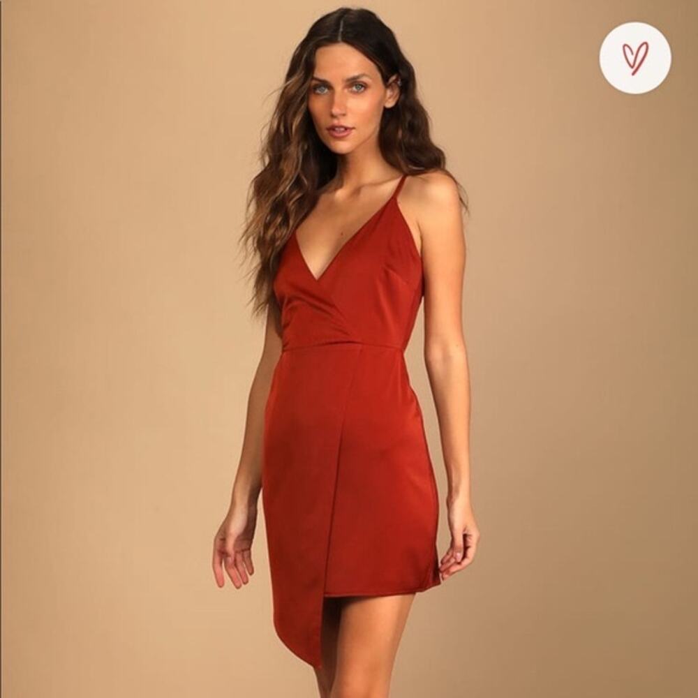 NWT Lulus What a Stunner Rust Orange Satin Asymmetrical Mini Dress XL Party Date